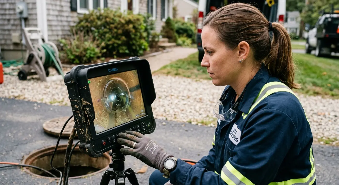 Technician reviewing sewer camera inspection footage in Boylston