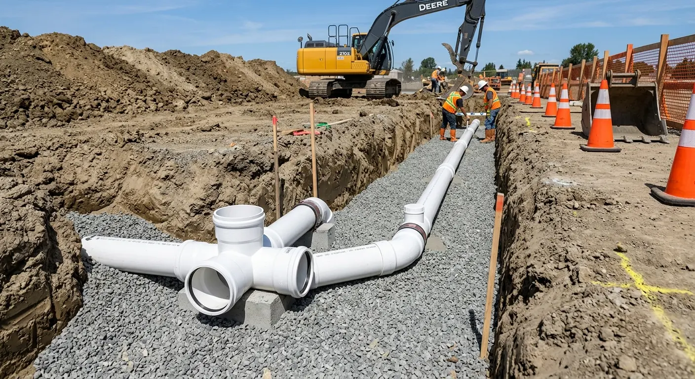 New PVC sewer pipe installation in open trench for Sewer Backup in Boylston