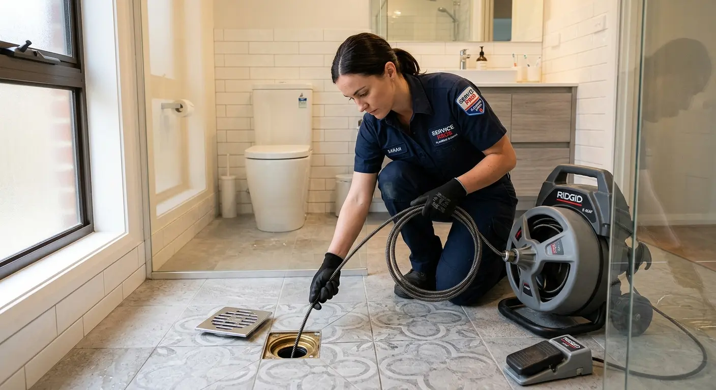 Technician clearing a bathroom floor drain for Drain Cleaning in Boylston